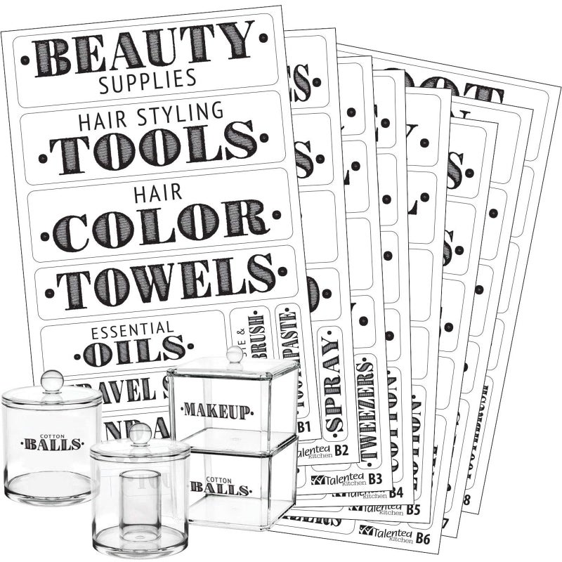 Talented Kitchen Farmhouse Bathroom Label Stickers - Water-Resistant Preprinted PVC Labels - Kitchen & Laundry Room Organization - Bathroom Storage & Container Tags - Pack of 72, Black on Clear - Image 1